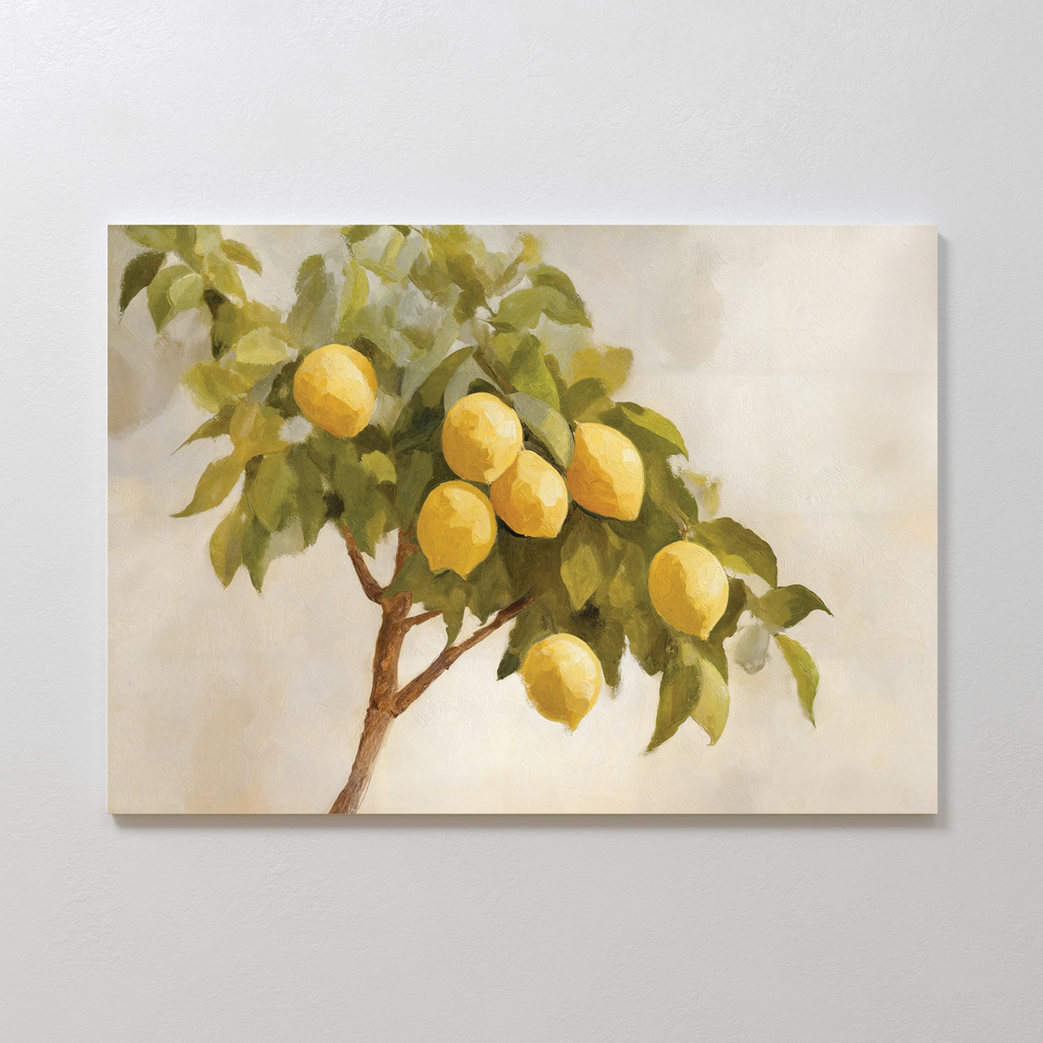 Lemon Essence Canvas Art features a lemon tree branch with green leaves and ripe yellow lemons against a soft background—ideal rustic wall art or lemon wall art to enhance your Mediterranean kitchen decor.