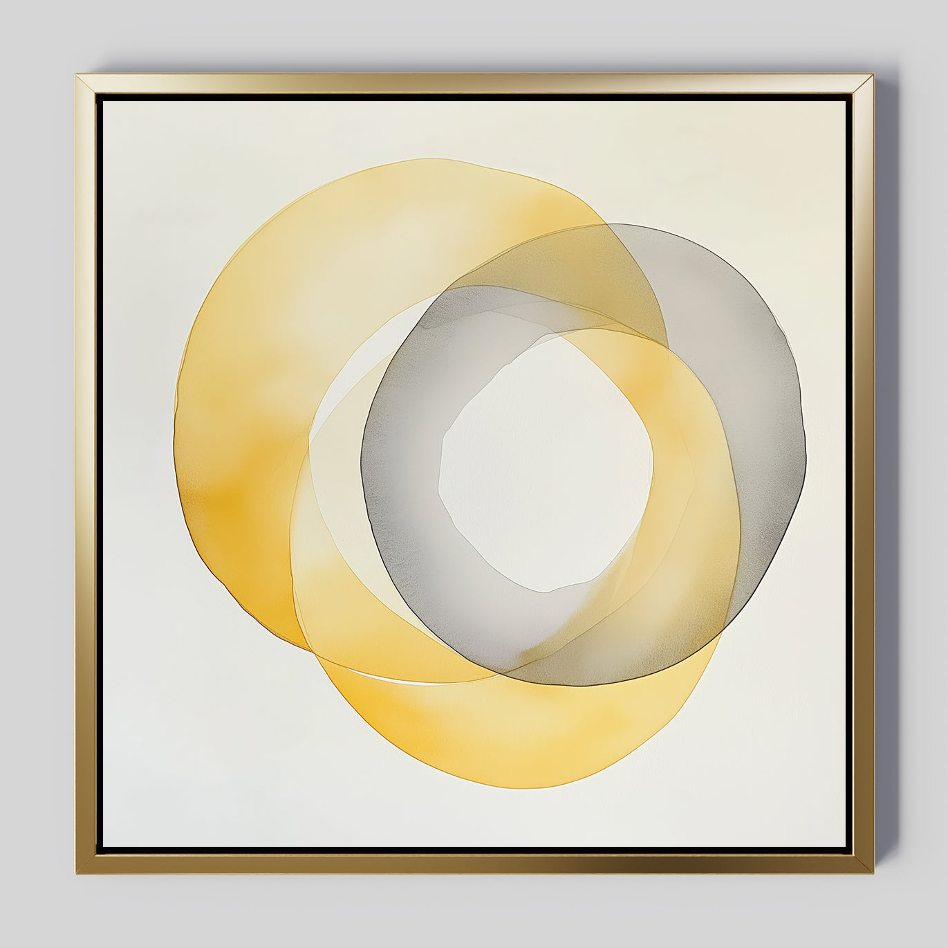 Lemon Light Canvas Art showcases overlapping translucent yellow and gray ovals on white, finished in a gold frame with black inner edge—a striking wall decor piece ideal for modern interiors.