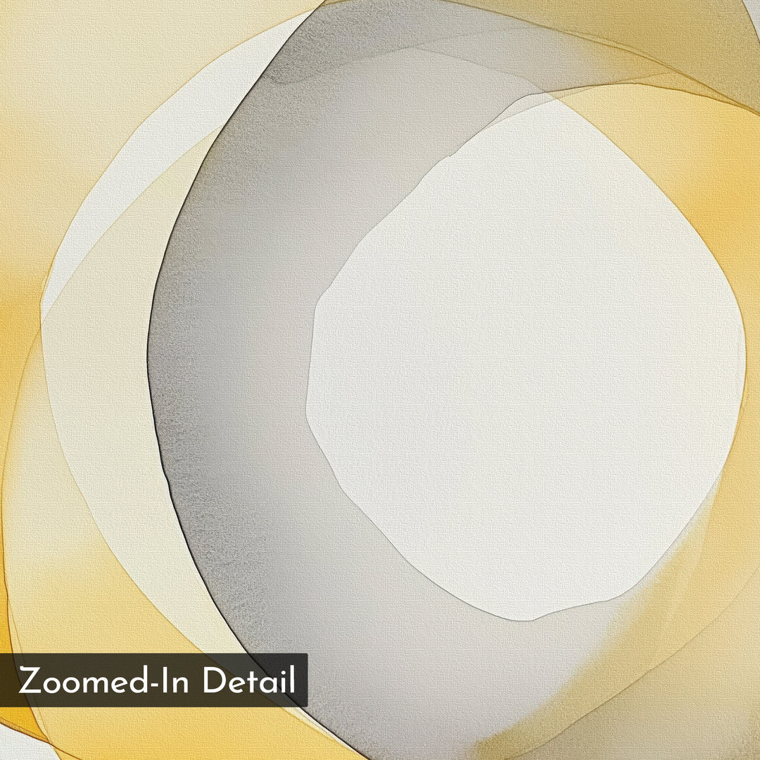 Lemon Light Canvas Art showcases overlapping yellow, beige, and gray curves with a canvas texture and a central white area—perfect for modern wall decor. A black box in the bottom left reads “Zoomed-In Detail.”.