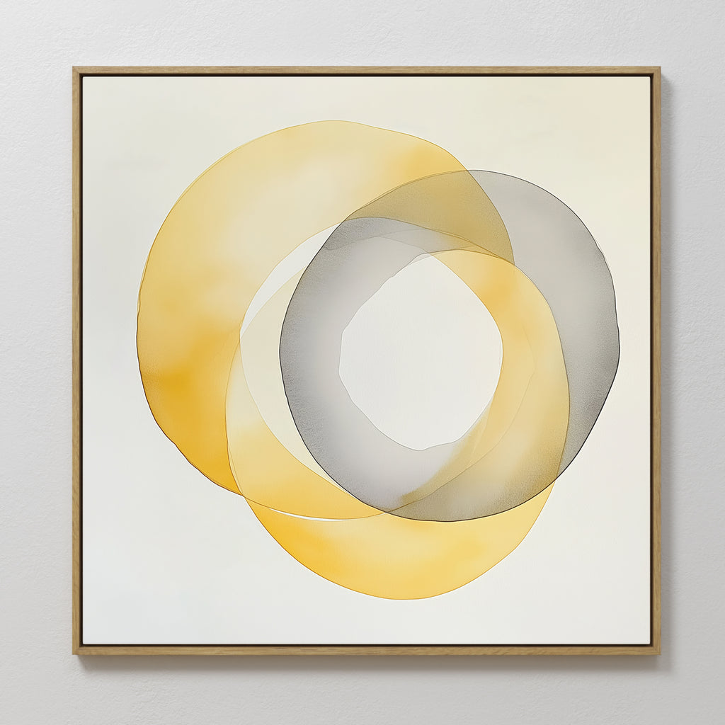 Lemon Light Canvas Art showcases overlapping translucent yellow and gray watercolor circles on a white background, creating a modern layered effect. Displayed in a simple wooden frame, it’s perfect for contemporary wall decor.