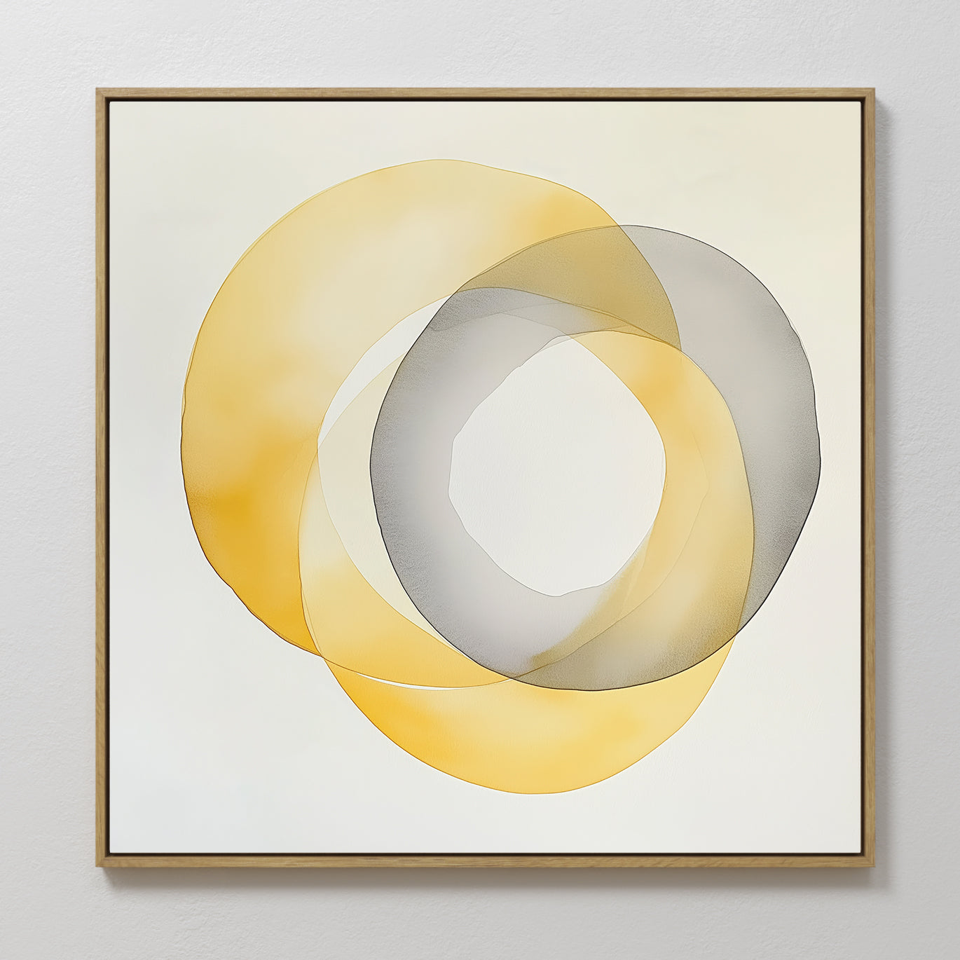 Lemon Light Canvas Art showcases overlapping translucent yellow and gray watercolor circles on a white background, creating a modern layered effect. Displayed in a simple wooden frame, it’s perfect for contemporary wall decor.