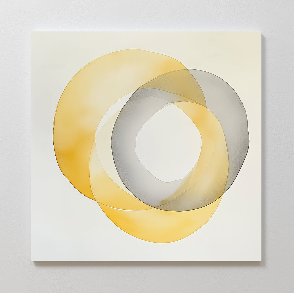 Lemon Light Canvas Art features two overlapping translucent rings—golden yellow and gray—on a white background, creating modern wall decor with intersecting shapes and subtle, blended layers of color.