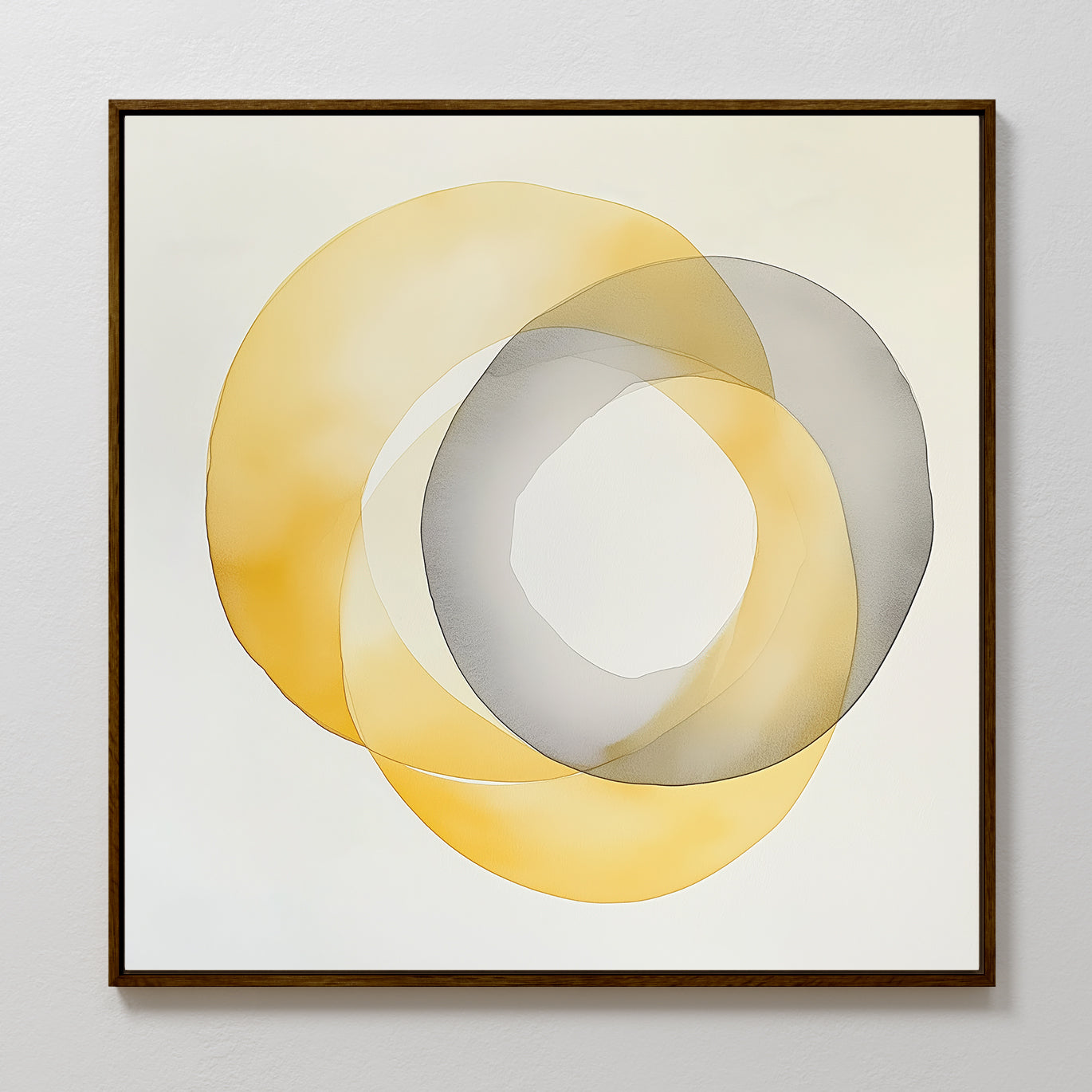 Lemon Light Canvas Art showcases two overlapping translucent rings—golden yellow and gray—on a white background, finished in a sleek dark brown wooden frame for modern minimalist décor.