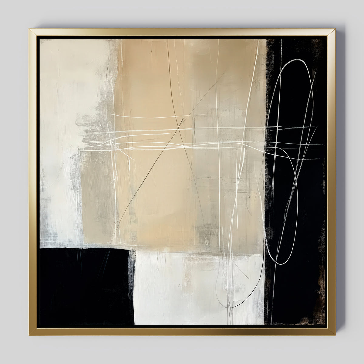 Light and Shadow Abstract Canvas Art features beige, black, and white blocks with thin white lines. Framed in gold for a modern, minimalist touch—perfect for adding sophisticated style to your living room decor.
