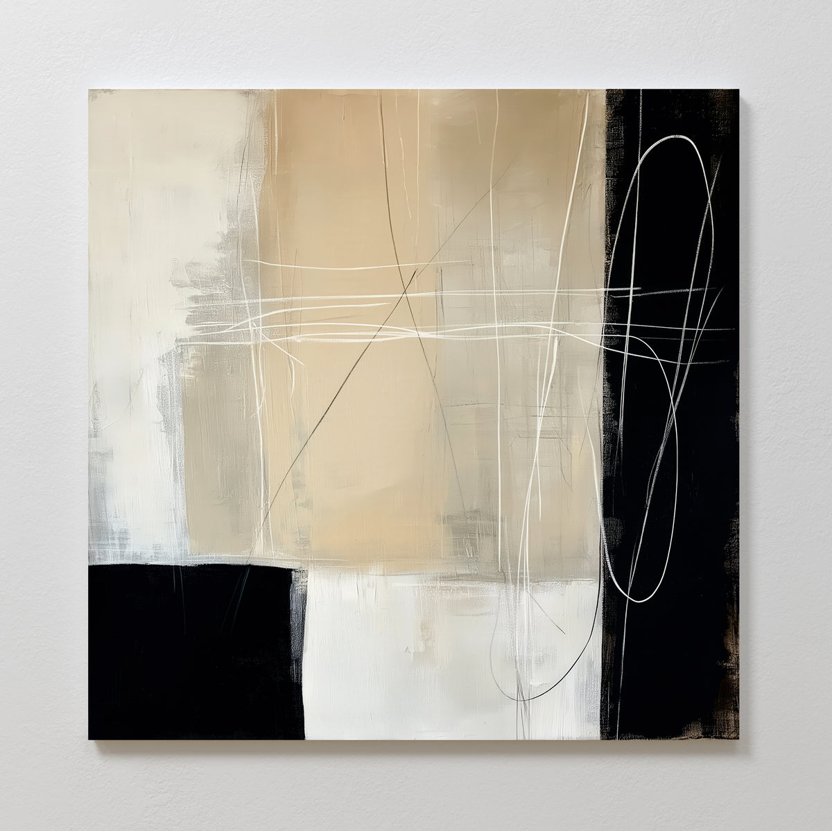 Light and Shadow Abstract Canvas Art features beige, black, and white rectangular blocks with thin white and light brown lines. This modern large wall art has soft textured brushstrokes, perfect for sophisticated living room decor.