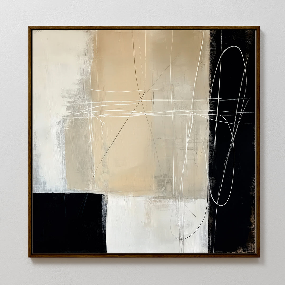 Light and Shadow Abstract Canvas Art features beige, white, and black blocks with intersecting white and gray lines. Framed in wood, this large piece adds modern elegance to your living room decor.