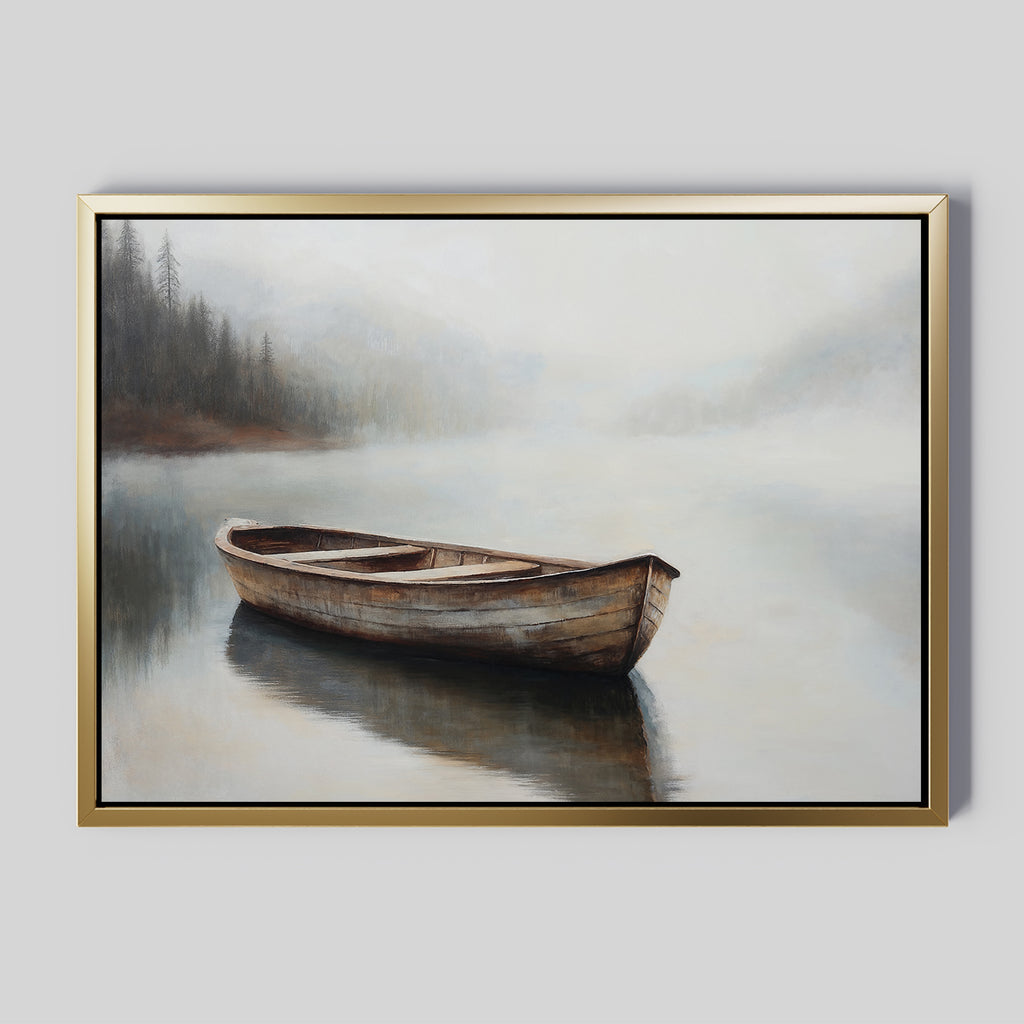 Lonely Boat Canvas Art features a wooden rowboat floating on a calm lake with misty, tree-covered hills in the background, creating serene lakeside wall art perfect for peaceful home decor.