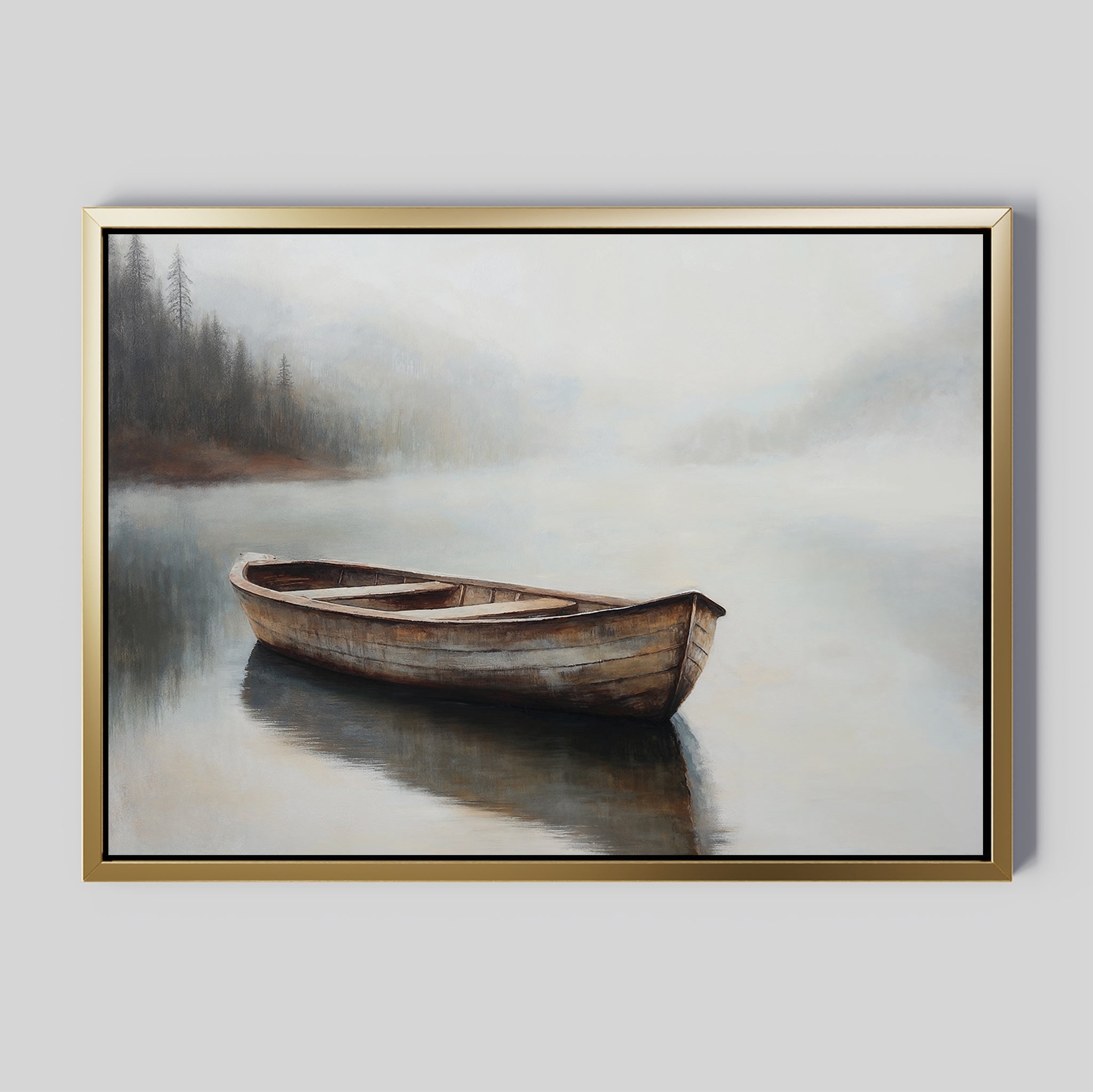 Lonely Boat Canvas Art features a wooden rowboat floating on a calm lake with misty, tree-covered hills in the background, creating serene lakeside wall art perfect for peaceful home decor.