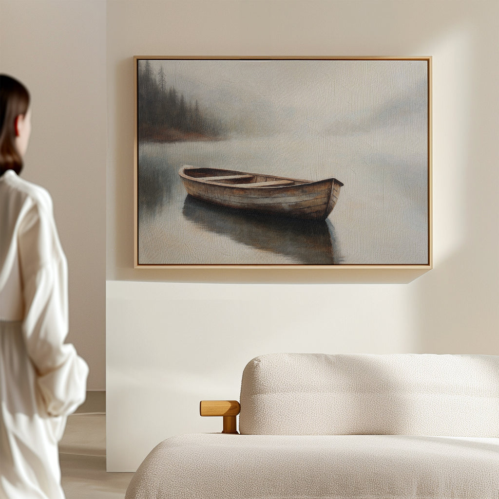 A woman stands in a softly lit, minimal room, admiring the Lonely Boat Canvas Art—a framed print of a wooden rowboat on a misty lake with trees—ideal for peaceful home decor.