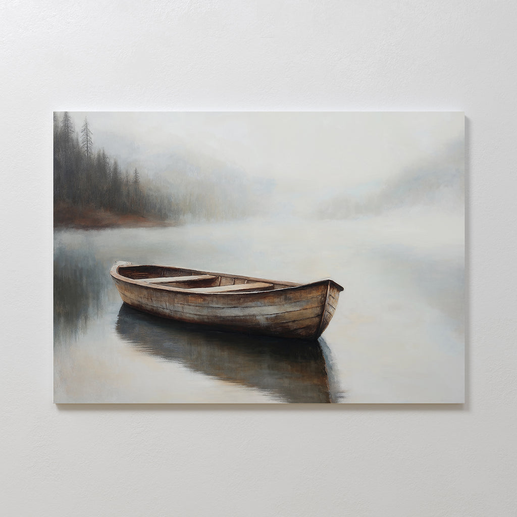 Experience serenity with the Lonely Boat Canvas Art, featuring a wooden rowboat on calm misty waters with foggy trees and mountains in the background—perfect for bringing tranquility to your home decor.