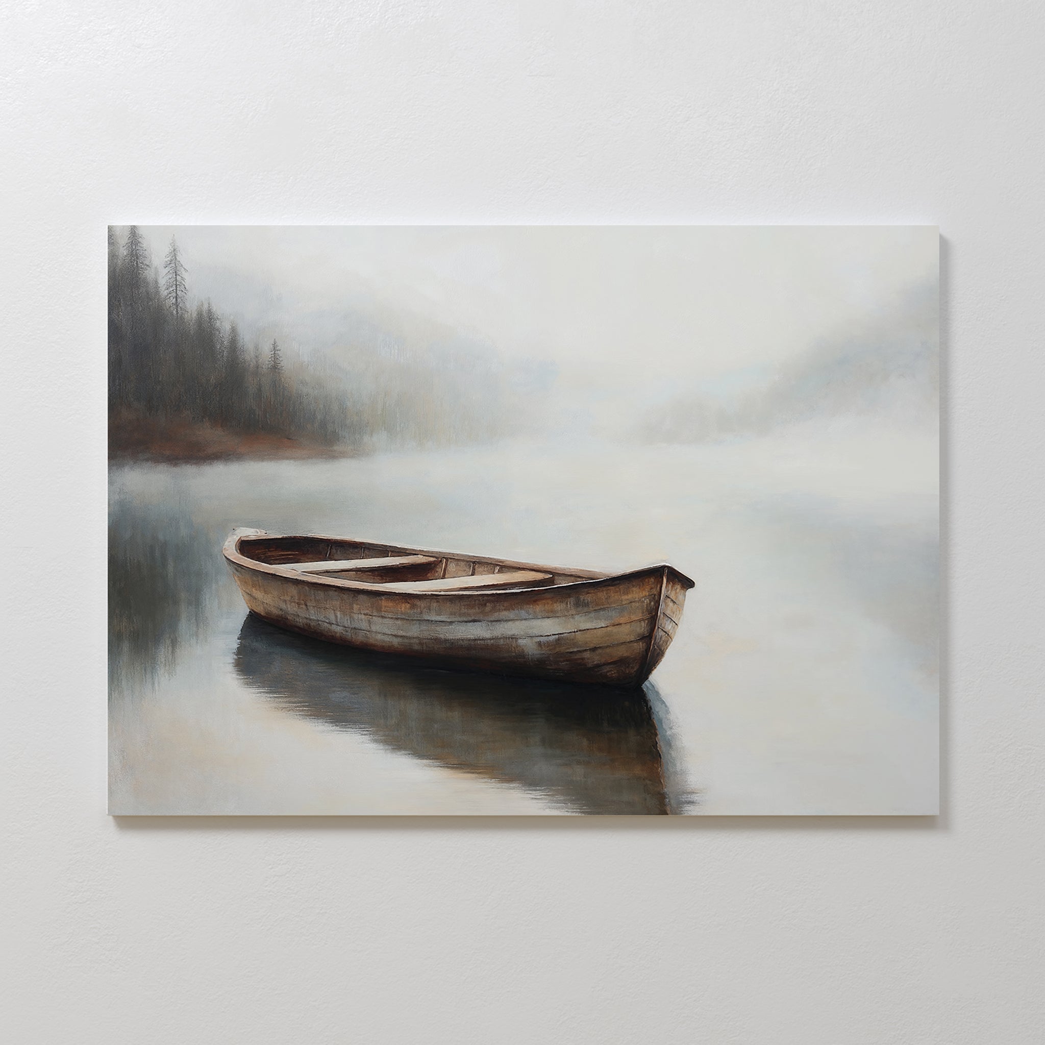 Experience serenity with the Lonely Boat Canvas Art, featuring a wooden rowboat on calm misty waters with foggy trees and mountains in the background—perfect for bringing tranquility to your home decor.
