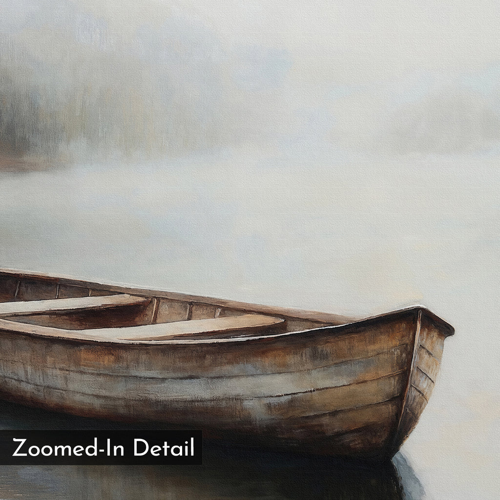 The Lonely Boat Canvas Art features a wooden rowboat on calm, misty water near the shore. With hazy, muted tones and a zoomed-in detail shown at the bottom left, it’s ideal for vintage wall art or tranquil bedroom decor.