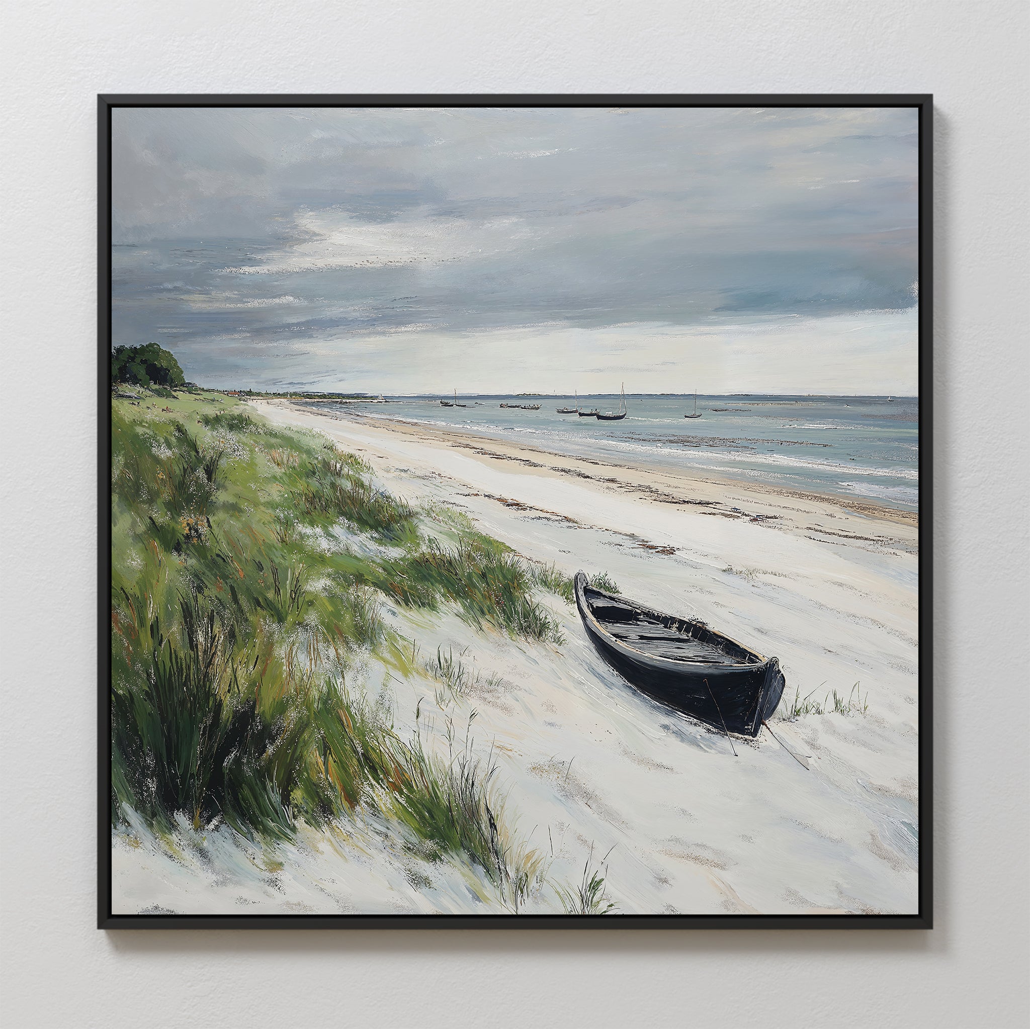 The Lonely Coast Canvas Art features a sandy beach with tall grass, a black rowboat on the shore, calm sea with distant boats, and a cloudy sky—ideal for bringing tranquil decor to any room.