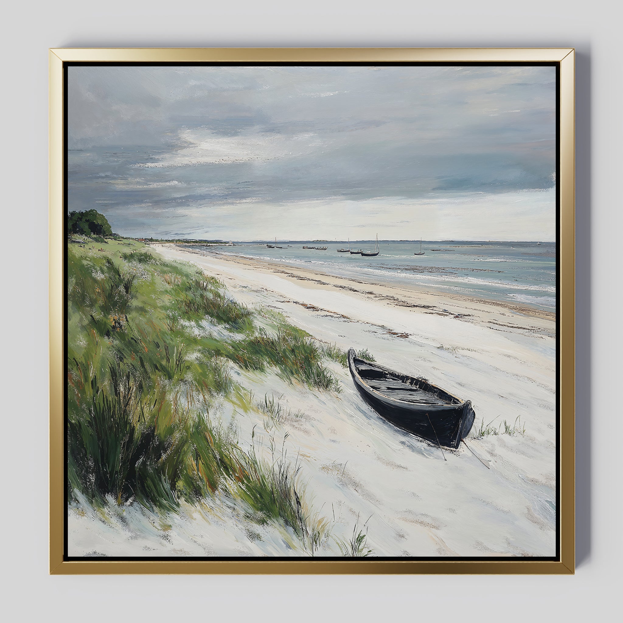 The Lonely Coast Canvas Art features a black rowboat on a sandy beach with tall grass and boats in calm water beneath a cloudy sky—ideal for serene, tranquil decor.
