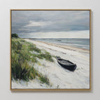 Lonely Coast Canvas Art: A large wall print of a sandy beach with tall grass, a black rowboat on the shore, calm waves, and distant boats beneath a cloudy sky—ideal for tranquil home decor.