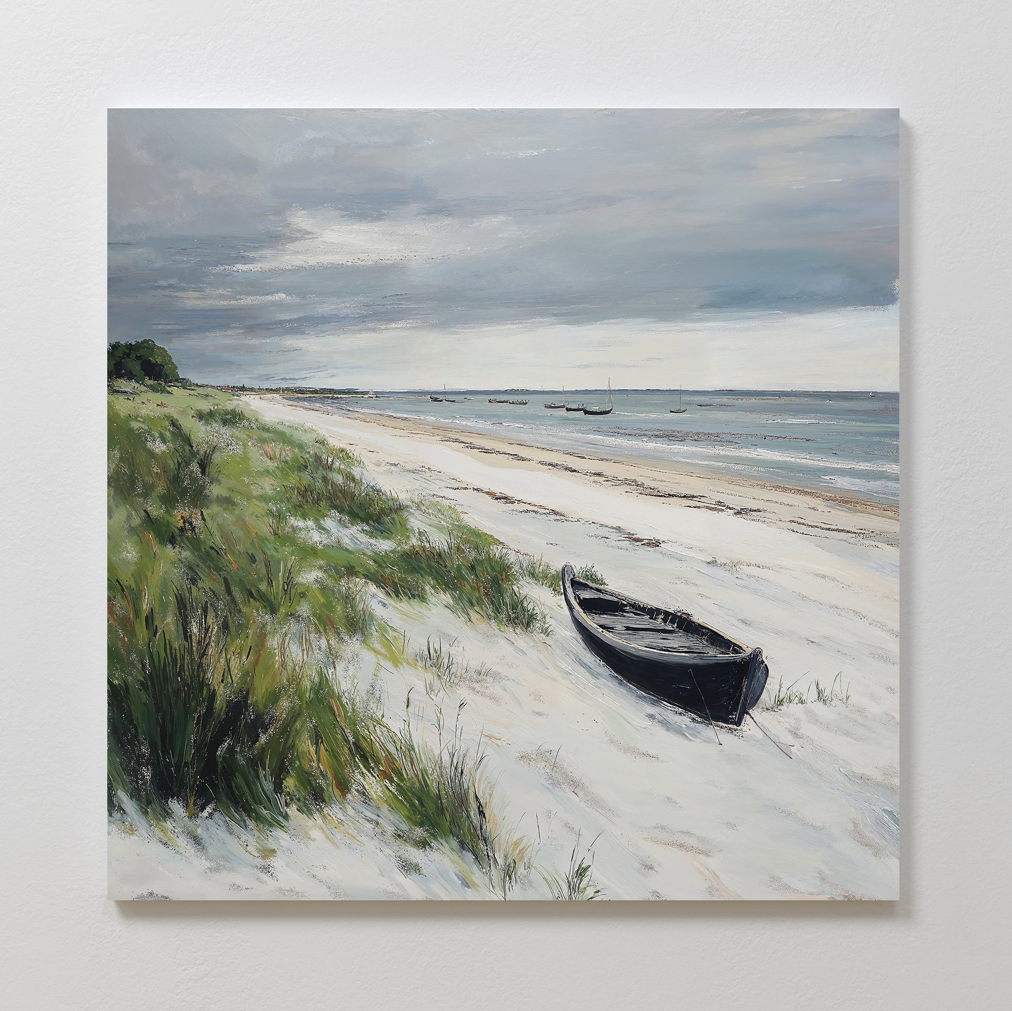 The Lonely Coast Canvas Art features a serene beach with a black boat on white sand, green shore grasses, calm blue water, distant boats, and a cloudy sky—ideal for tranquil decor or as a stunning large wall art piece.