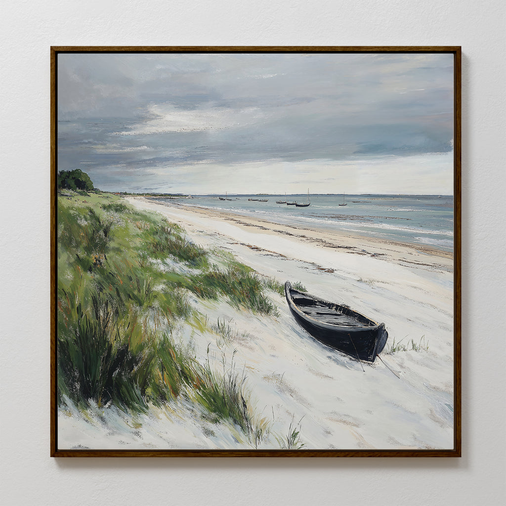 The Lonely Coast Canvas Art showcases a sandy beach with tall grasses, a black rowboat, gentle waves, and distant boats under a cloudy sky—ideal as tranquil décor or striking large wall art for your space.