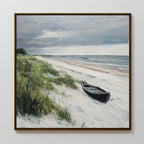 The Lonely Coast Canvas Art showcases a sandy beach with tall grasses, a black rowboat, gentle waves, and distant boats under a cloudy sky—ideal as tranquil décor or striking large wall art for your space.