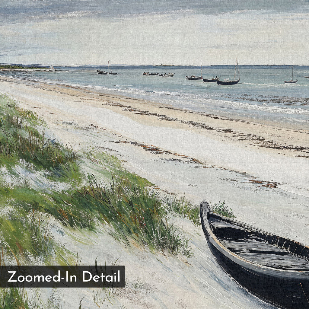 Zoomed-In Detail: Lonely Coast Canvas Art features a sandy beach with grassy dunes, a black wooden boat on the shore, and sailboats on calm blue water beneath a cloudy sky—perfect tranquil wall art.