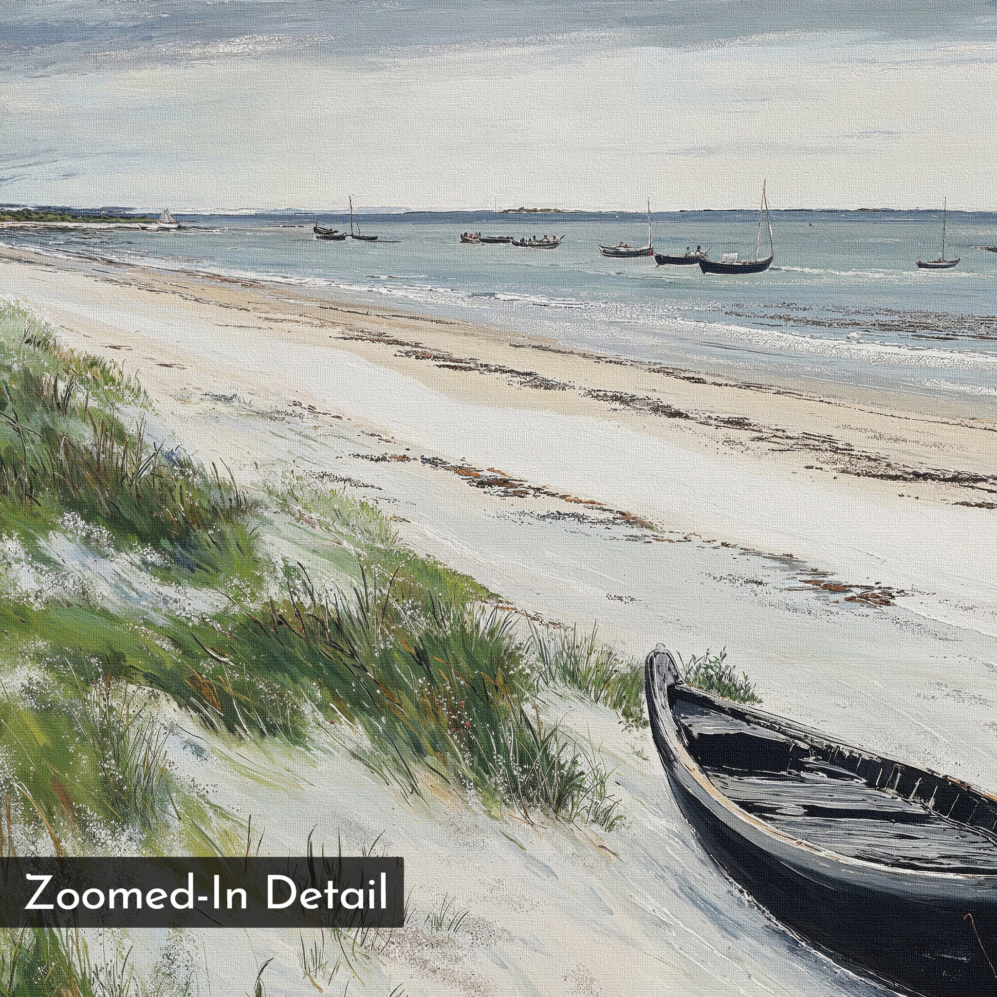 Zoomed-In Detail: Lonely Coast Canvas Art features a sandy beach with grassy dunes, a black wooden boat on the shore, and sailboats on calm blue water beneath a cloudy sky—perfect tranquil wall art.