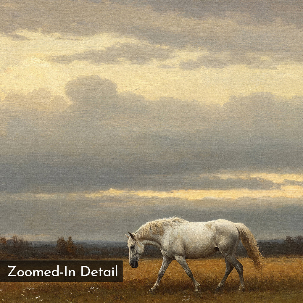 A white horse grazes on grass beneath a golden, cloudy sky in "Low Light Walk Canvas Art," featuring a painted, textured look ideal for countryside décor. "Zoomed-In Detail" appears in the lower left corner.