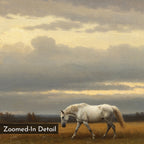 A white horse grazes on grass beneath a golden, cloudy sky in "Low Light Walk Canvas Art," featuring a painted, textured look ideal for countryside décor. "Zoomed-In Detail" appears in the lower left corner.