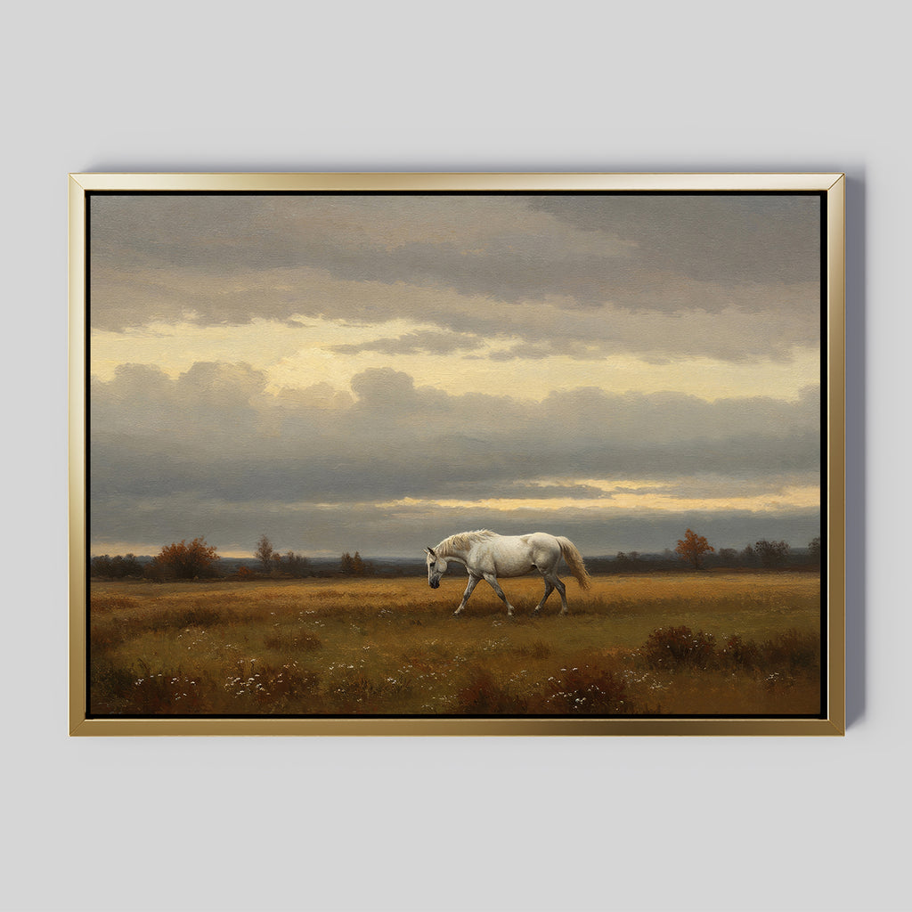 The Low Light Walk Canvas Art features a white horse walking in a grassy field under a cloudy sky with autumn trees and sunset hues—perfect for adding Nordic Park-inspired charm to your space.