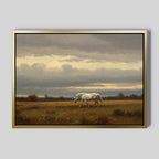 The Low Light Walk Canvas Art features a white horse walking in a grassy field under a cloudy sky with autumn trees and sunset hues—perfect for adding Nordic Park-inspired charm to your space.