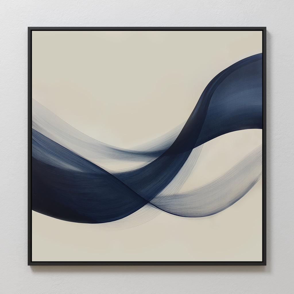 The Tidal Flow Canvas Art is a framed abstract piece with overlapping dark and light blue waves on a cream background, adding movement and modern style to your wall decor.