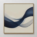 Tidal Flow Canvas Art features abstract, overlapping navy blue and gray brushstrokes on a light beige background, framed in thin wood. The flowing lines evoke waves, adding modern minimalist style to your wall decor.