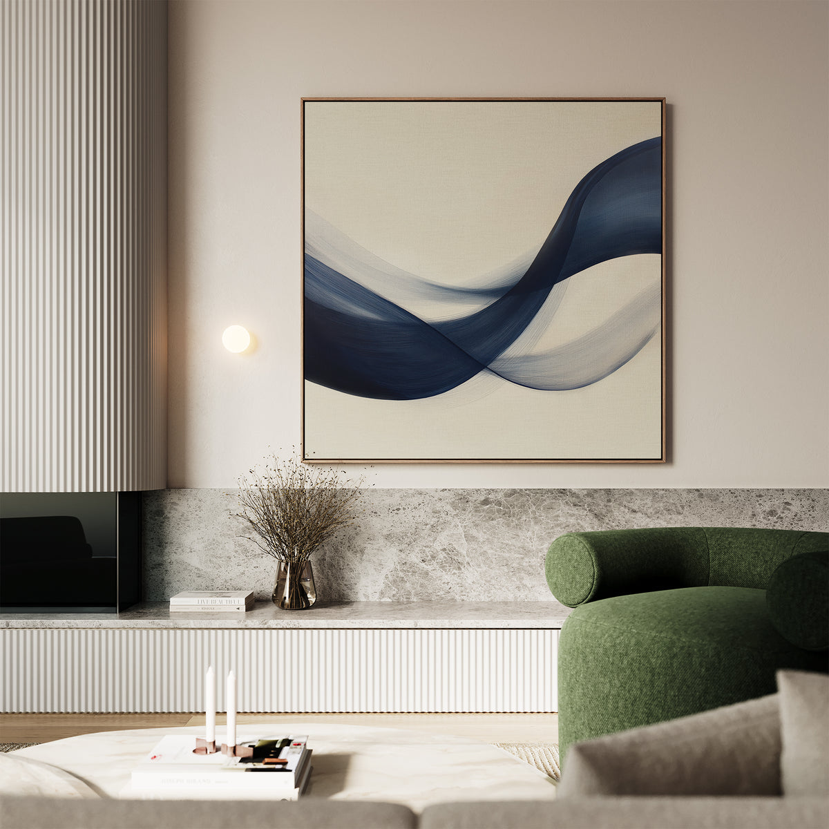A modern living room featuring the Tidal Flow Canvas Art as minimalist wall décor, a round green armchair, a marble shelf with dried florals, and minimalistic accents on the coffee table.