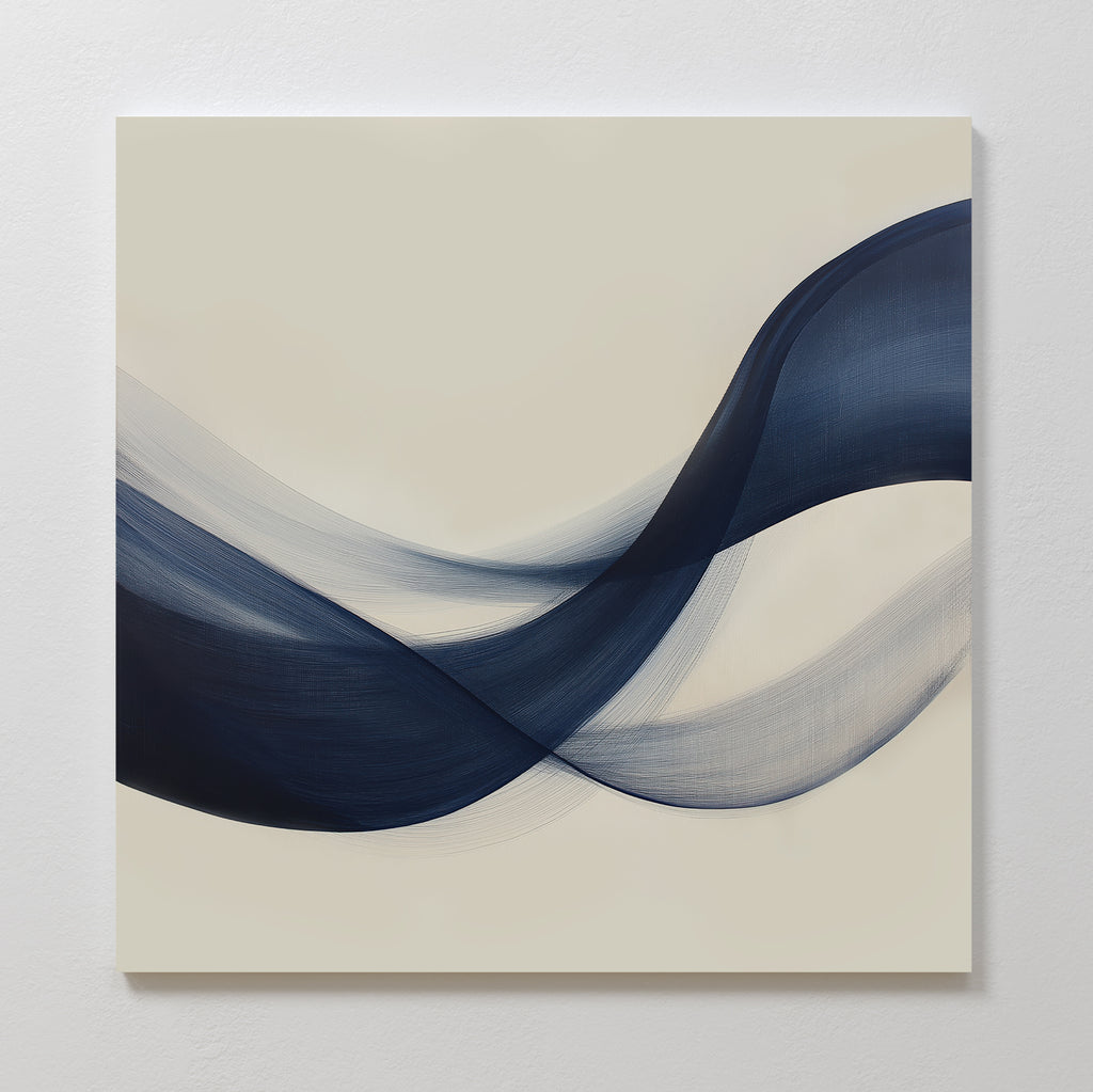 Tidal Flow Canvas Art showcases two flowing, overlapping brushstrokes in deep blue and gray on a light background. This minimalist piece adds a striking touch of modern wall decor and movement to any room.