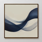 Tidal Flow Canvas Art features minimalist, wave-like navy blue and gray brushstrokes on a light beige background, creating soothing modern wall decor perfect for adding tranquil style to any space.