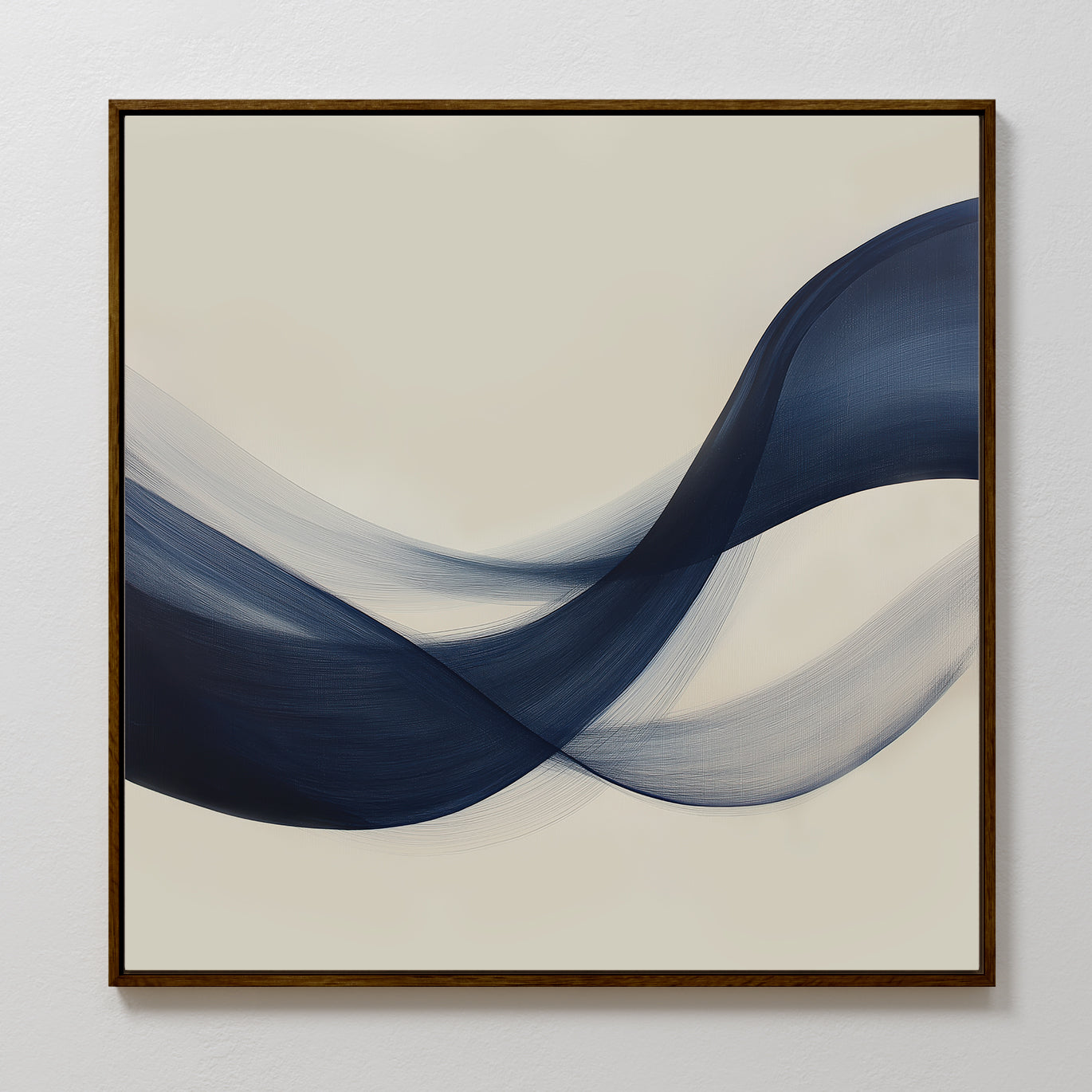 Tidal Flow Canvas Art features minimalist, wave-like navy blue and gray brushstrokes on a light beige background, creating soothing modern wall decor perfect for adding tranquil style to any space.