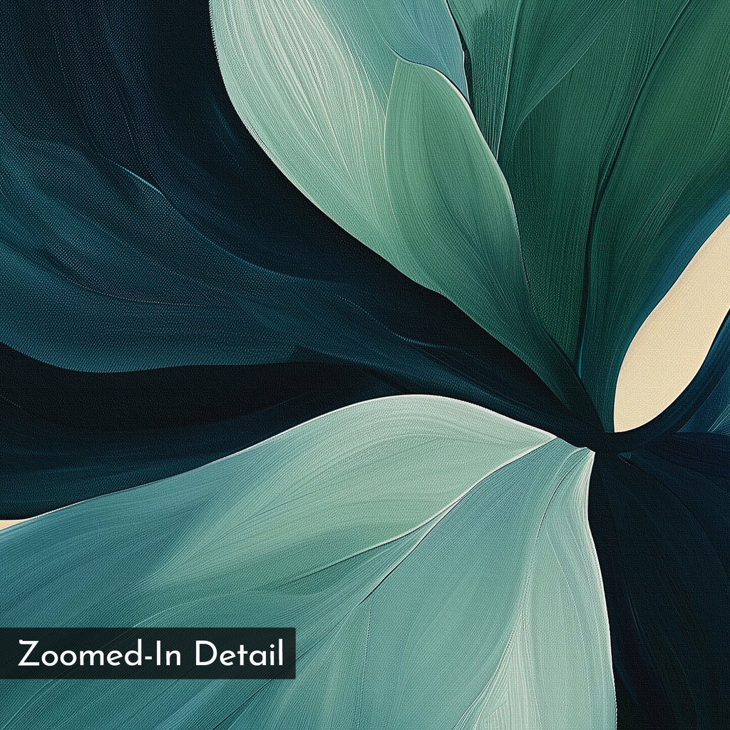 Lush Teal Foliage Abstract Canvas Art features a close-up of large, overlapping green and teal leaves with brushstroke textures. Includes a "Zoomed-In Detail" label in the lower left corner—perfect for large wall art displays.