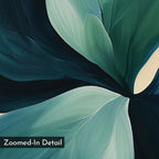 Lush Teal Foliage Abstract Canvas Art features a close-up of large, overlapping green and teal leaves with brushstroke textures. Includes a "Zoomed-In Detail" label in the lower left corner—perfect for large wall art displays.
