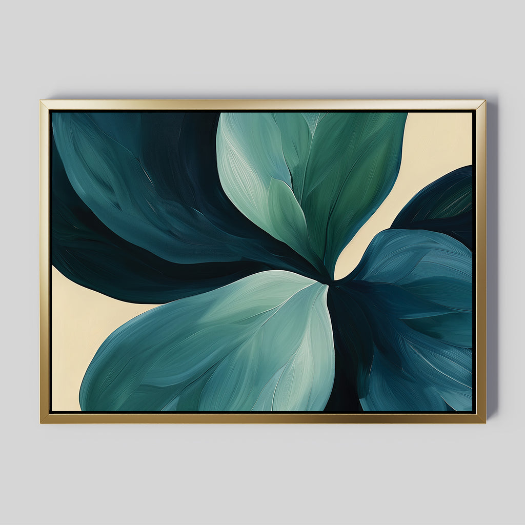 Lush Teal Foliage Abstract Canvas Art features large overlapping green and blue leaves on a light beige background in a modern minimalist style—ideal as framed wall art for contemporary living room decor.