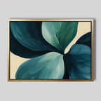 Lush Teal Foliage Abstract Canvas Art features large overlapping green and blue leaves on a light beige background in a modern minimalist style—ideal as framed wall art for contemporary living room decor.