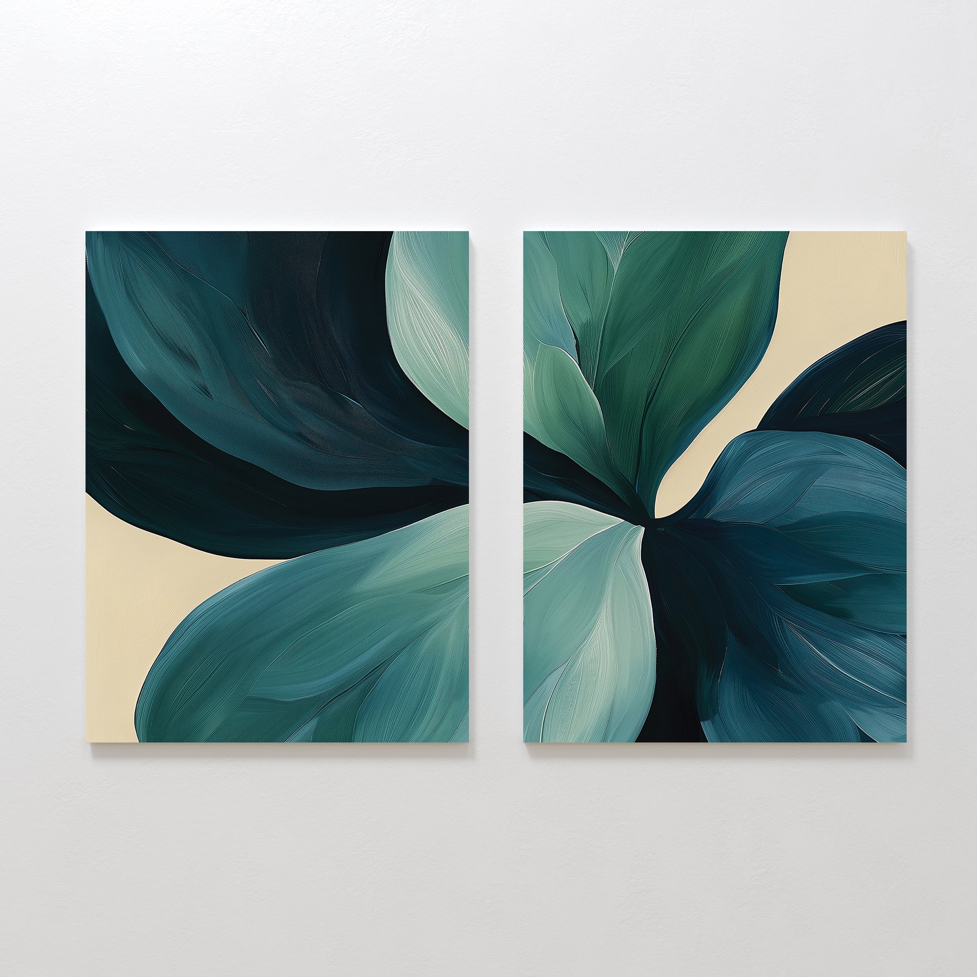 The Lush Teal Foliage Set of 2 features abstract canvas paintings with overlapping green and teal leaves on a light beige background, creating a symmetrical look—ideal as large wall art for your living room decor.