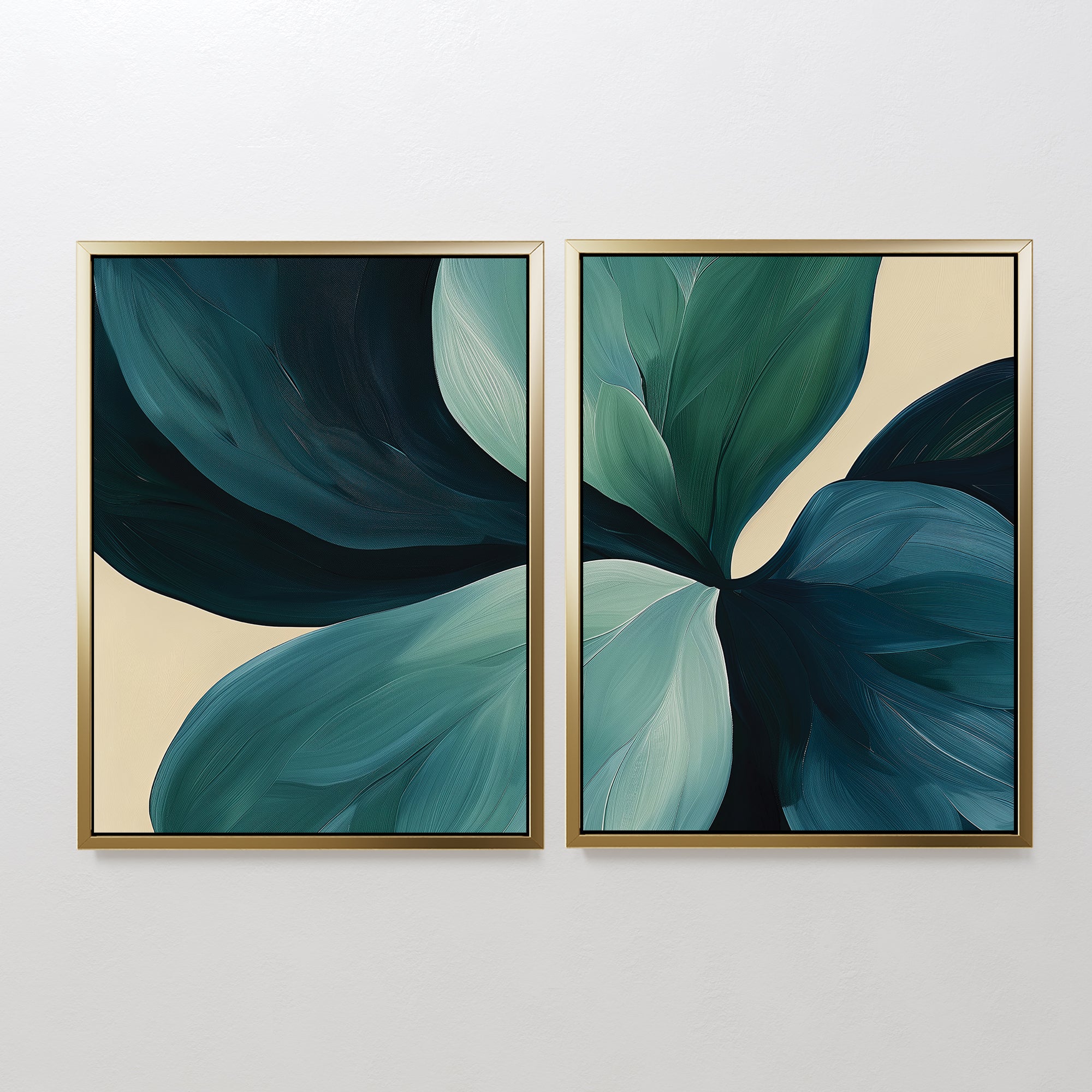 The Lush Teal Foliage Set of 2 features framed abstract canvas paintings of overlapping green, blue, and teal leaves on beige—perfect as modern living room decor or large wall art displayed side by side.