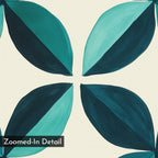 A close-up view of the Marine Mosaic Canvas Art shows large, stylized teal and turquoise leaves on a light background. “Zoomed-In Detail” appears in the bottom left, highlighting the abstract petal design of this modern wall art.