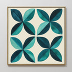 The Marine Mosaic Canvas Art is a square wall piece showcasing four symmetrical abstract florals with teal and aqua blue petals on a cream background, creating a modern and striking petal-inspired design.
