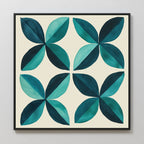 Marine Mosaic Canvas Art showcases four symmetrical teal and turquoise petals in a grid on a cream background, offering bold, modern abstract wall décor.