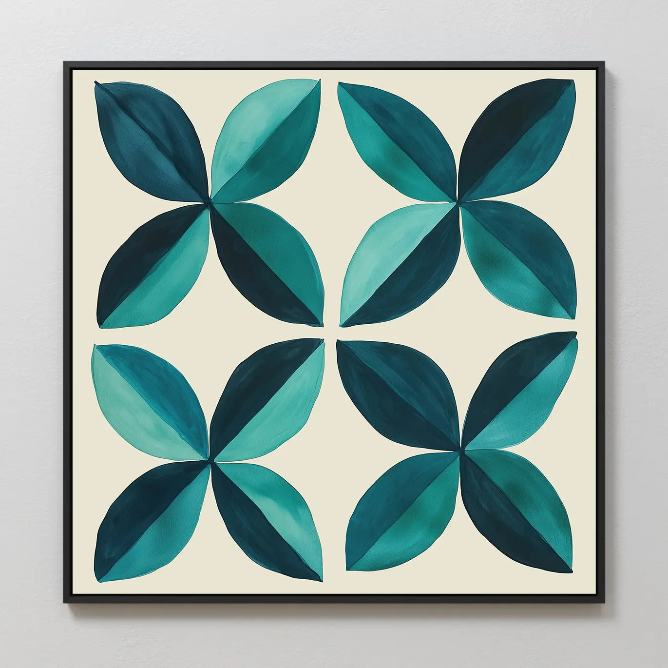 Marine Mosaic Canvas Art showcases four symmetrical teal and turquoise petals in a grid on a cream background, offering bold, modern abstract wall décor.