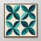 Marine Mosaic Canvas Art: A framed modern wall art featuring four symmetrical, abstract petal designs in teal and dark green on a cream background, with each flower formed by four almond-shaped petals.
