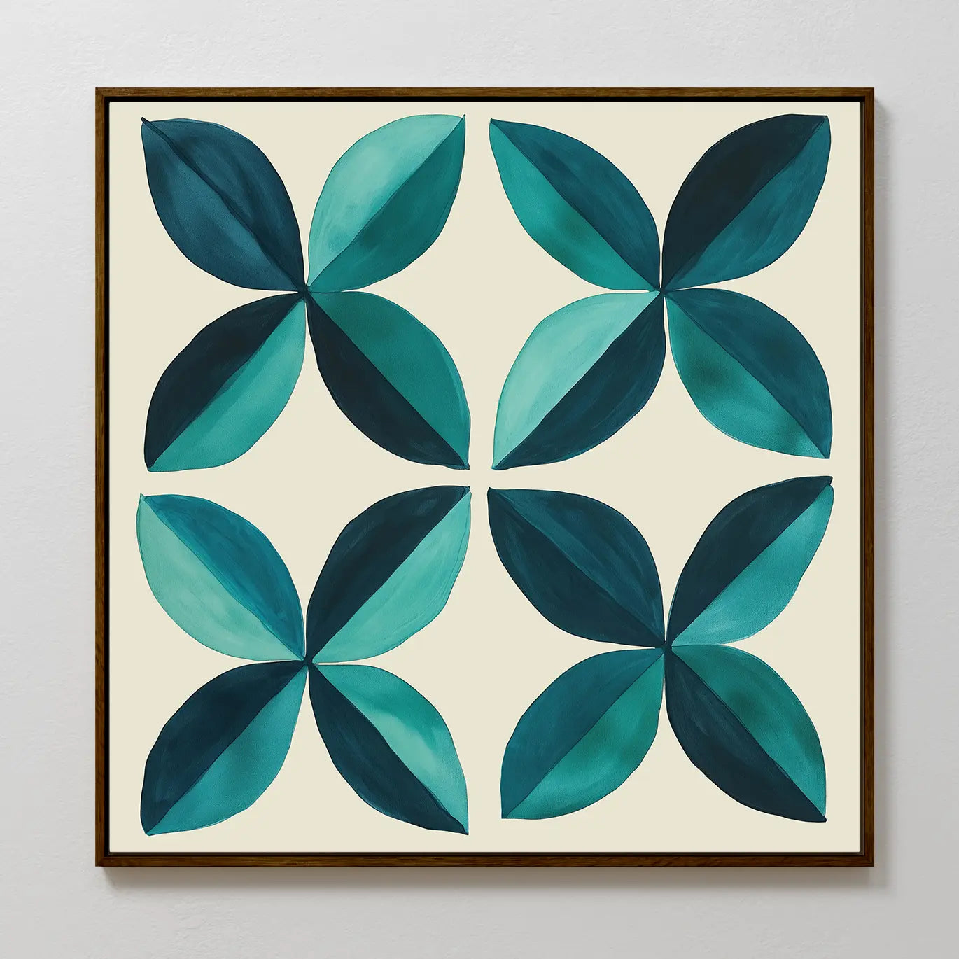Marine Mosaic Canvas Art: A framed modern wall art featuring four symmetrical, abstract petal designs in teal and dark green on a cream background, with each flower formed by four almond-shaped petals.