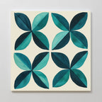Marine Mosaic Canvas Art features four symmetrical floral shapes with teal and dark green petals on a light beige background, arranged in a grid. This modern wall art highlights a geometric, repetitive petal design.