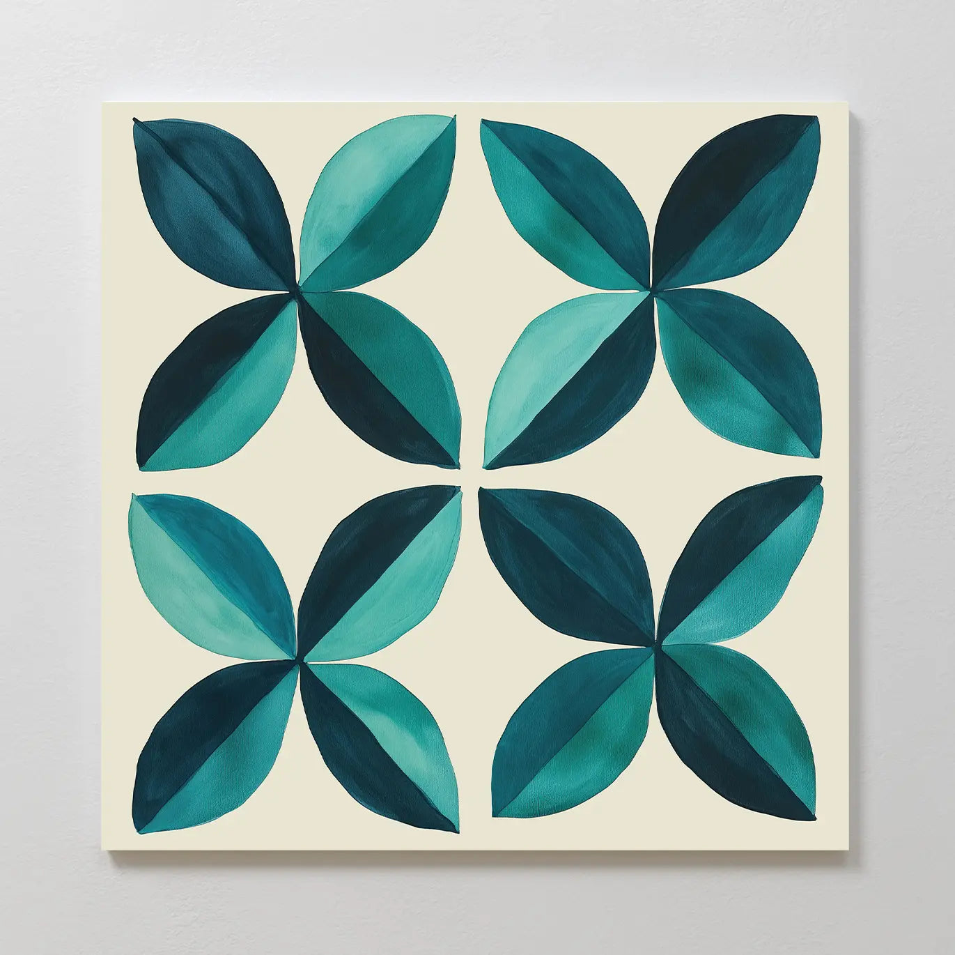 Marine Mosaic Canvas Art features four symmetrical floral shapes with teal and dark green petals on a light beige background, arranged in a grid. This modern wall art highlights a geometric, repetitive petal design.