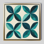 The Marine Mosaic Canvas Art features an abstract petal design with four stylized flowers in teal and dark green, each with four pointed petals on a light background—ideal as modern wall decor.