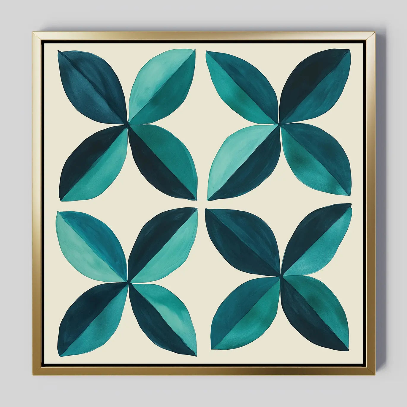 The Marine Mosaic Canvas Art features an abstract petal design with four stylized flowers in teal and dark green, each with four pointed petals on a light background—ideal as modern wall decor.